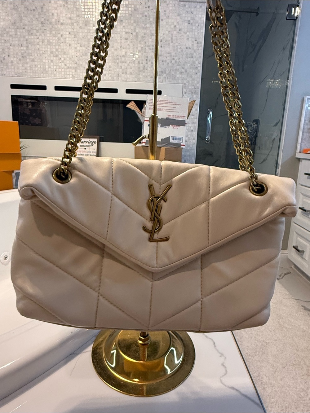 Saint Laurent Beige Quilted Leather Shoulder Bag with Gold Chain Strap